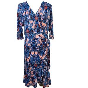 Kiyonna 1 Wrap Dress Paisly Print Asymmetric Midi Ruffle 14 Stretch USA‎  Made